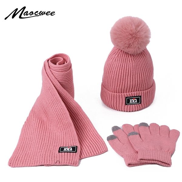 

three-piece scarf hat set baby girls children pompon beanies knitted skullies hats kids winter warm wool crochet caps y201024, Blue;gray