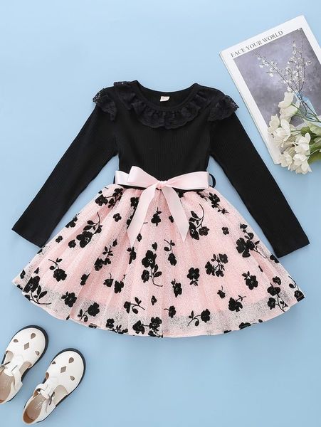 

toddler girls floral print lace ruffle trim belted dress she, Red;yellow