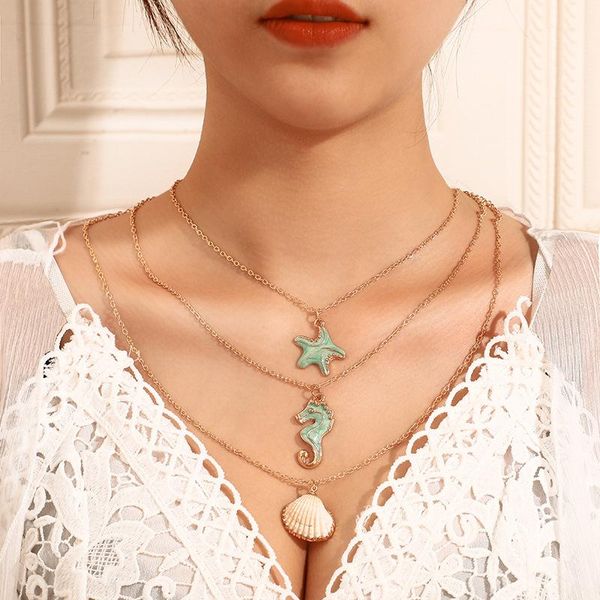 

brling new 2020 fashion ins vintage chain pendant choker bohemia seahorse shell starfish necklace for women girls gifts party, Golden;silver