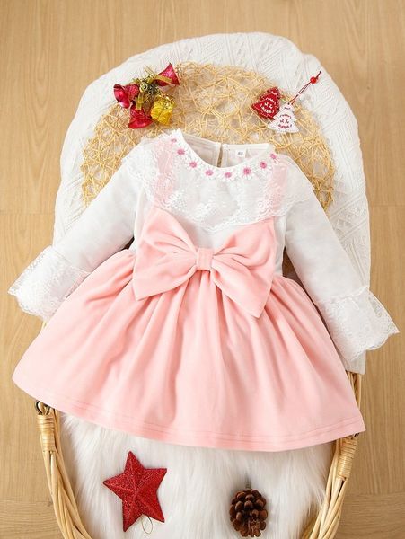 

baby contrast lace bow front dress she, Red;yellow