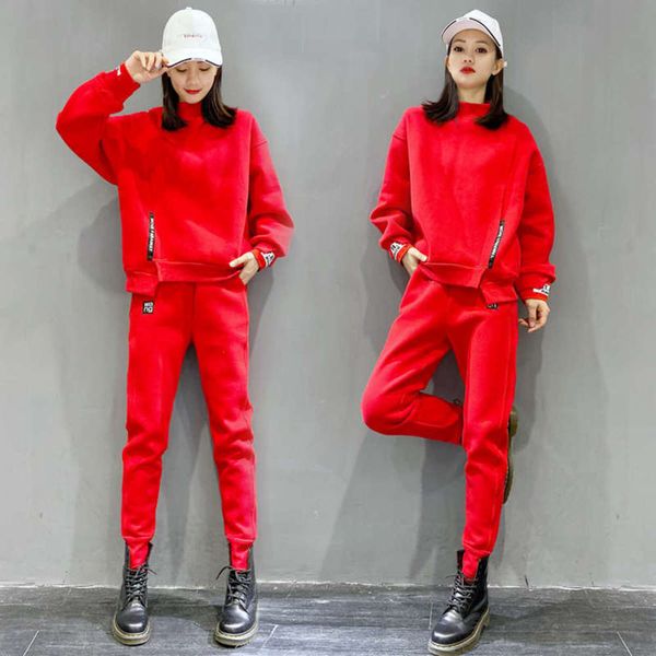 

plush and thickened sweater sports women autumn winter 2020 new leisure two piece suit fashion brand8uy, Gray