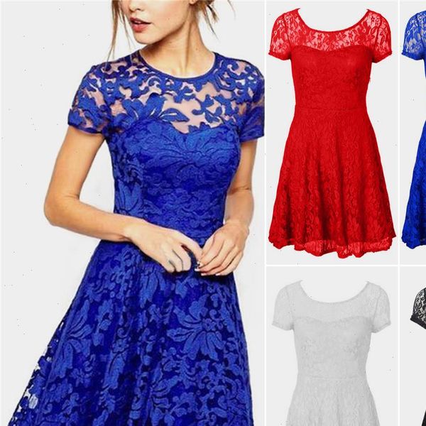 

summer lace dress 2021 women casual short sleeve beach short dress solid white black mini lace dress vestidos plus size s 5xl, Black;gray