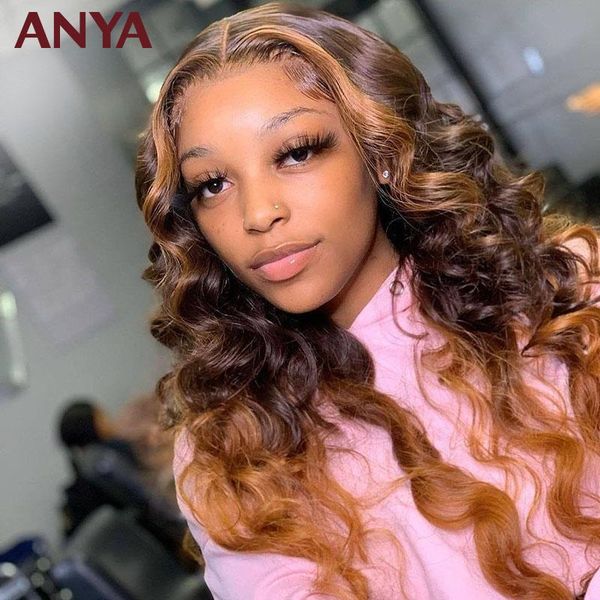 

anya honey brown ombre loose wave 13x4 transparent lace front pre plucked wig peruvian virgin human hair wigs for black women, Black;brown