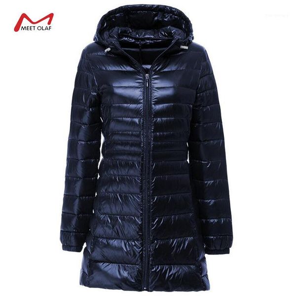 

2019 winter new hooded women medium length thin down jacket female padded white duck down long parkas coats plus size 7xl ca65851, Black