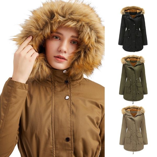 

2021 the new new women's new european style quilted cotton jacket with hood warm winter fur collar plus size 4rt8, Black
