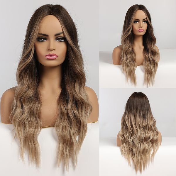 

long lans wavy ombre brown wigs with blonde high lights synthetic wigs for afro women middle part heat resistant cosplay natural wigs, Black