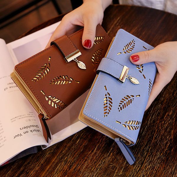 

new women's purse sweet lady pu leather horizontal zipper women's long hollow leaf zero purse, Black