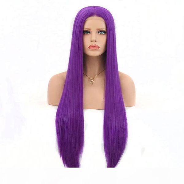 

light purple long straight synthetic lace front wig glueless heat resistant fiber purple synthetic lacefront wigs for black women, Black;brown
