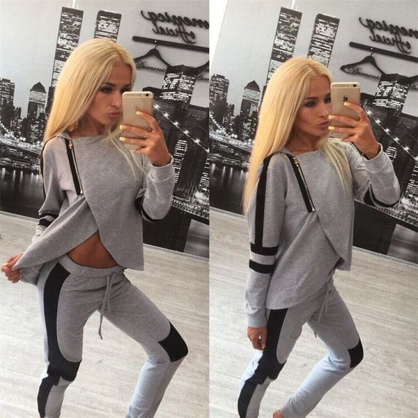 

8923#2020 new contrast open navel slim fit long sleeve sports irregular splicing set, White