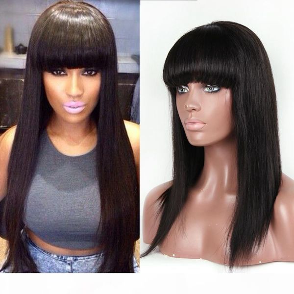 

100% indian remy human hair front lace wigs with full bangs 150% density, Black;brown