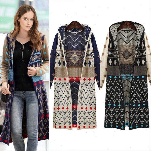 

ladies long knitted cardigan loose casual hooded geometric jacket coat boho sweater ing, White;black