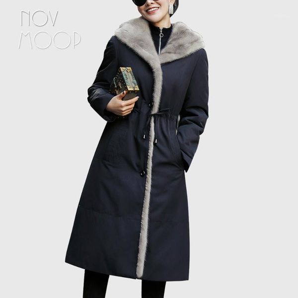 

novmoop korean casual style women winter black wine red color fur liner hooded real fur parka coat manteau femme lt29421