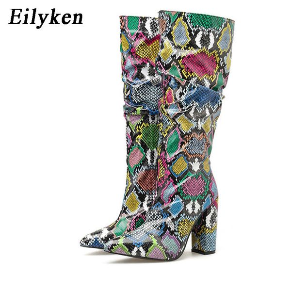 

eilyken colorful snake skin boots women high heels thick mid-calf boot distressed pointed toe zip shoe pleated boots slouch 2021 c0202, Black