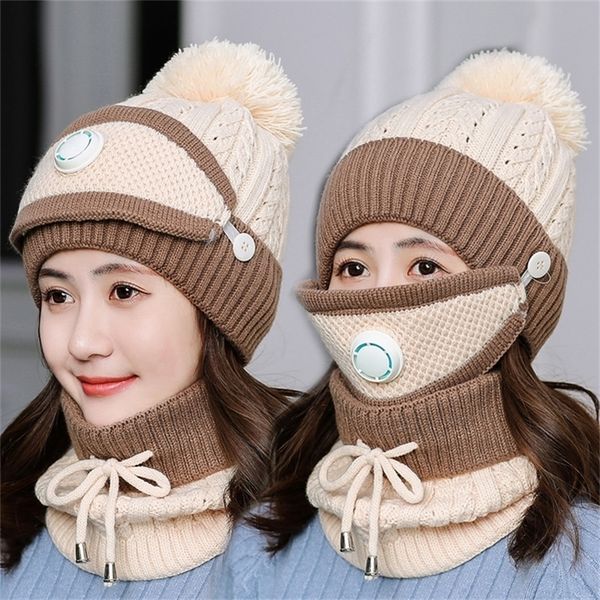 

3 pcs/set hats for women with breathing mask 2in1 knitted girl pompoms warm add fur lined protective winter hat y201024, Blue;gray