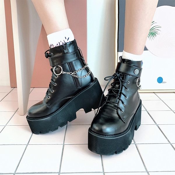 

goth boots women punk style patform lady shoes autumn chunky block heel female footwear high quatity chain lotita shoes zipper #ke6y, Black