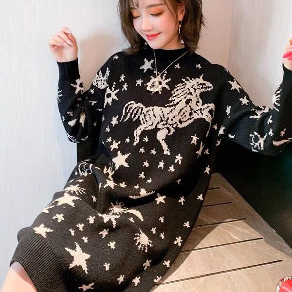 

women's sweaters winter style half high collar pullover loose thread close off sleeve jacquard knitted sweater dress for women, White;black