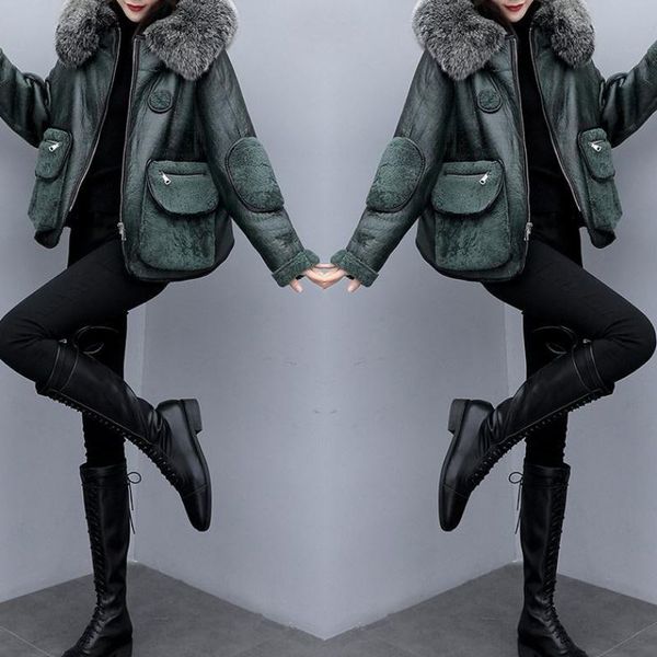

2021 from the green winter high-quality jackets fake lamb wool long sleeve jacket with hood short zipper women's fur coat f6k4, Black