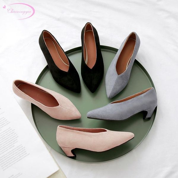 

chinese style pointed toe flock pumps fashion slip-on black gray apricot medium with thick heel women's shoes big size1