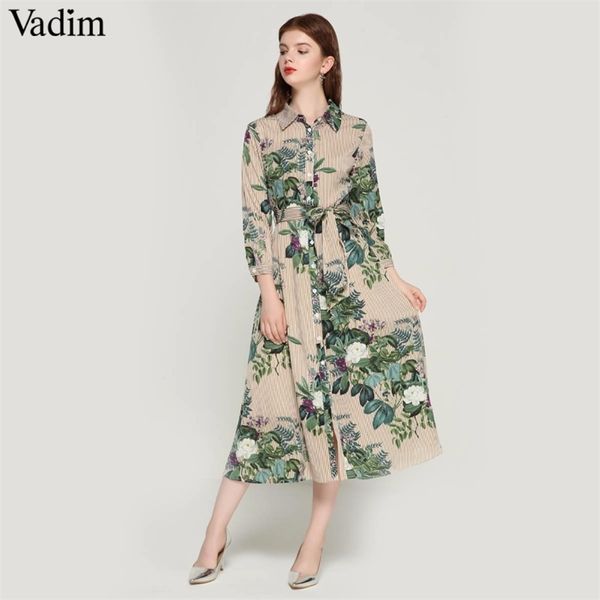 

vadim women vintage floral striped midi dress bow tie sashes long sleeve pleated female casual chic dresses vestidos qa178 t200106, White;black