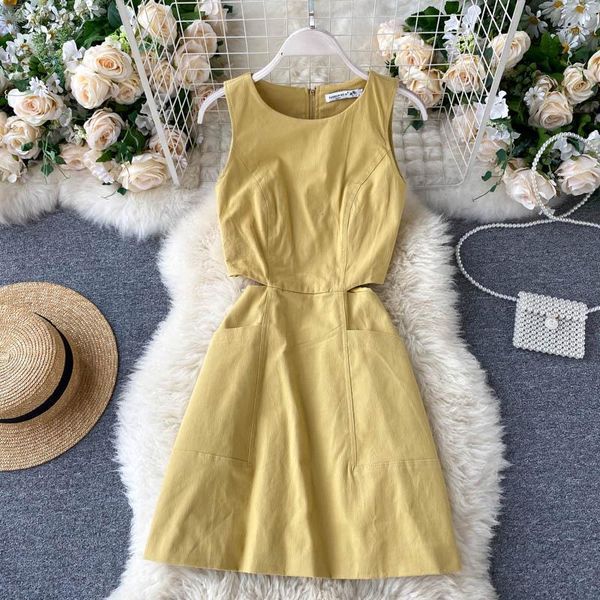 

summer women's dress korean style solid color round neck hollow sleeveless dress new waist slim short female dresses ll9601, Black;gray