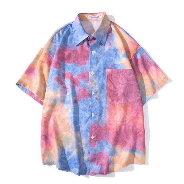 

men's casual loose solid short sleeve tie-dye short sleeve shirt beach man shirt mannelijke mannen shirts 1, White;black