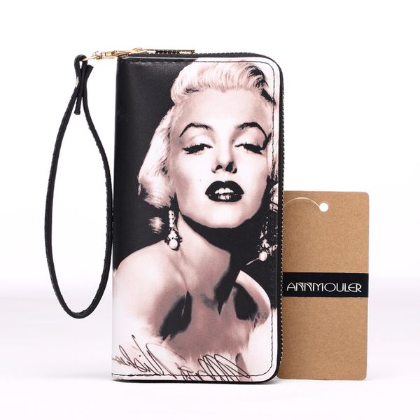 

brand women wallet pu leather long purse coin purse card holder 3d marilyn monroe printed clutch handbag wrist bag c1115, Red;black