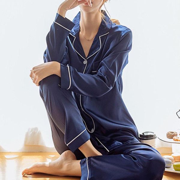

women satin silk pajamas set long sleeve shirt long pants set sleepwear home suit nightwear, Black;red
