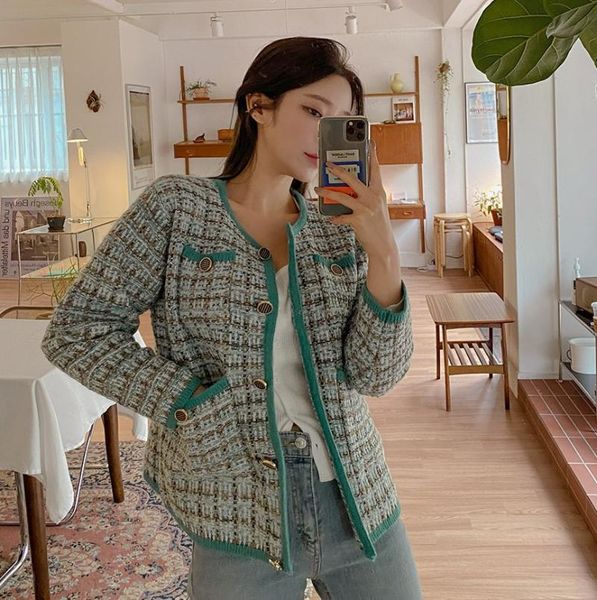 

women's knits & tees korean spring lady vintage long sleeve sweater coat female plaid knitted cardigan o-neck single breasted for women, White