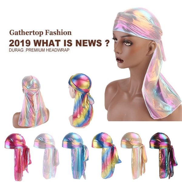 

men women long tail silky polyester bandanas headwear muslim pirate hat durag rag headwrap hip hop turban stretchy skull hat