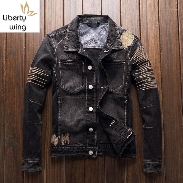 

embroidery denim coat male japan style vintage slim outside jean luxury autumn casual long sleeve biker jacket outwear1, Black;brown
