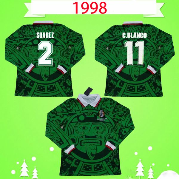 

mexico 1998 soccer jerseys retro long sleeve vintage football shirts green home blanco h.sanchez hernandez camiseta de futbol full sleeve, Black;yellow