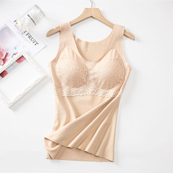 

women's tanks & camis linbaiway seamless warm vest for women underwear push up chest pad winter autumn female slim camisole, White