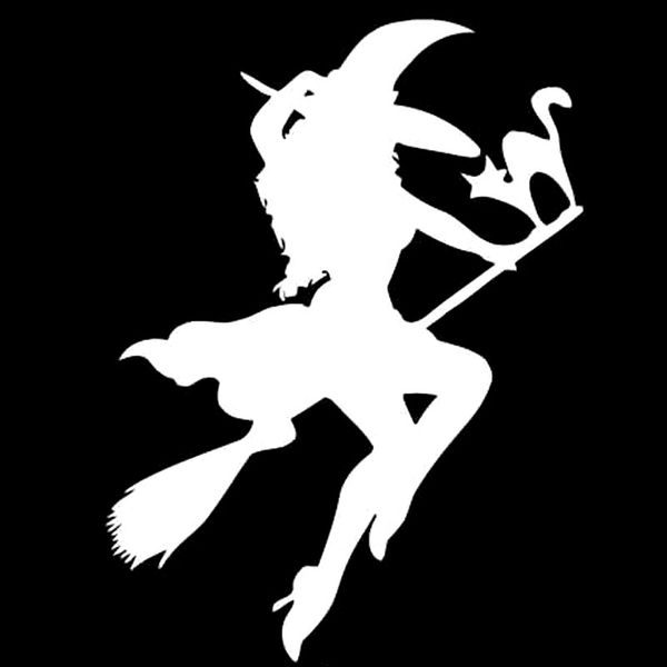 

car stickers halloween witch broom flying decoration accessories decals creative waterproof black/white,14cm*10cm