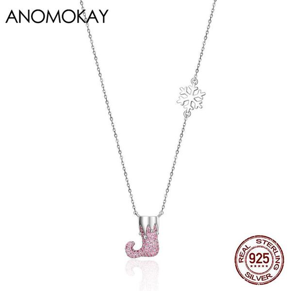 

chains anomokay lovely pink zircon christmas boots snowflake silver necklace 100% 925 sterling xmas chian link gift