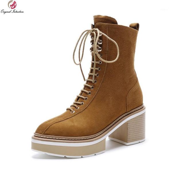 

original intention fashion women ankle boots pointed toe square heels boots cow leather/ kid suede shoes woman us size 4-10.51, Black
