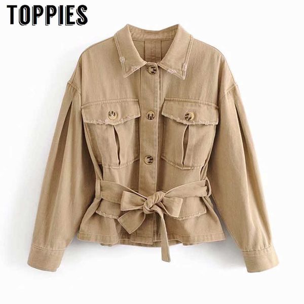 

khaki ripped hole jeans jacket women denim jacket single breasted belt waist coat fall 2021 american european clothes t200827, Black;brown