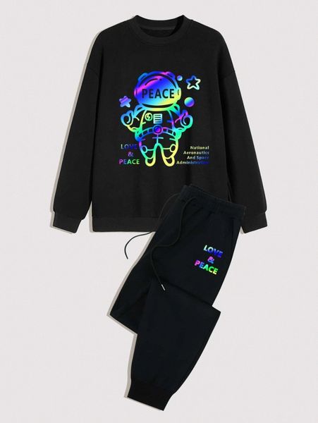 

romwe guys cartoon slogan graphic sweatshirt & drawstring sweatpants v9yf#, Gray