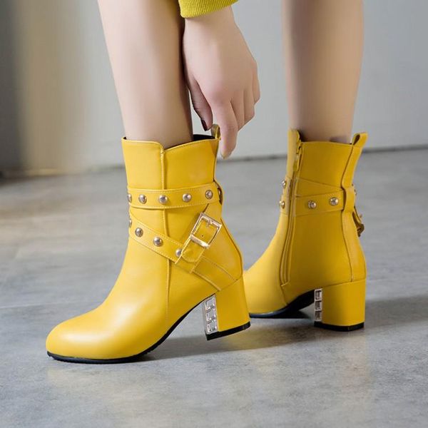 

boots pxelena rivet buckle combat women 2021 autumn winter lady shoes fashion ankle chunky block high heels 43, Black