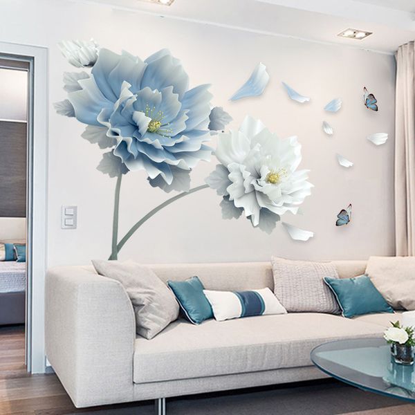 Büyük Beyaz Mavi Çiçek Lotus Kelebek Çıkarılabilir Duvar Çıkartmaları 3D Duvar Sanat Çıkartmaları Duvar Sanatı Oturma Odası Yatak Odası Ev Dekor Için 201106