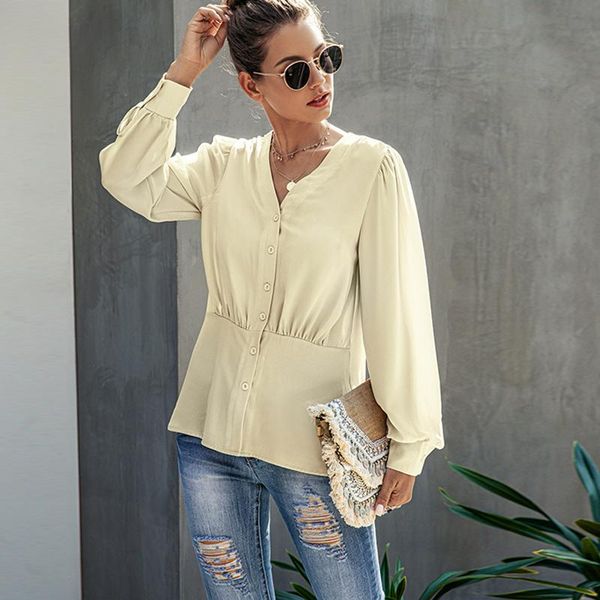 

autumn women blouses casual v neck long sleeve buttons office ladies shirts female solid loose pleated waist chiffon blouse, White