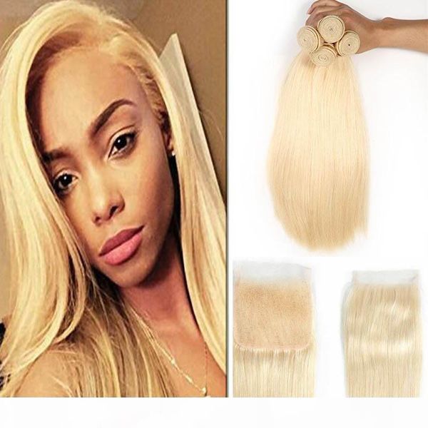 

613 blonde silk straight hair 3 bundles with lace frontal closure 4*4 inch pre-plucked brazilian virgin human hair weave with frontal, Black;brown