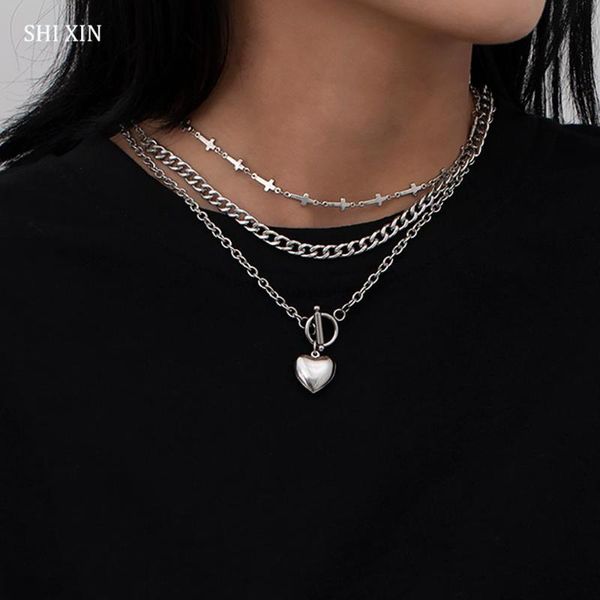 

shixin 3 pcs/set layered short cross chunky choker necklace colar with love heart pendants necklaces for women 2020 neck jewelry, Silver