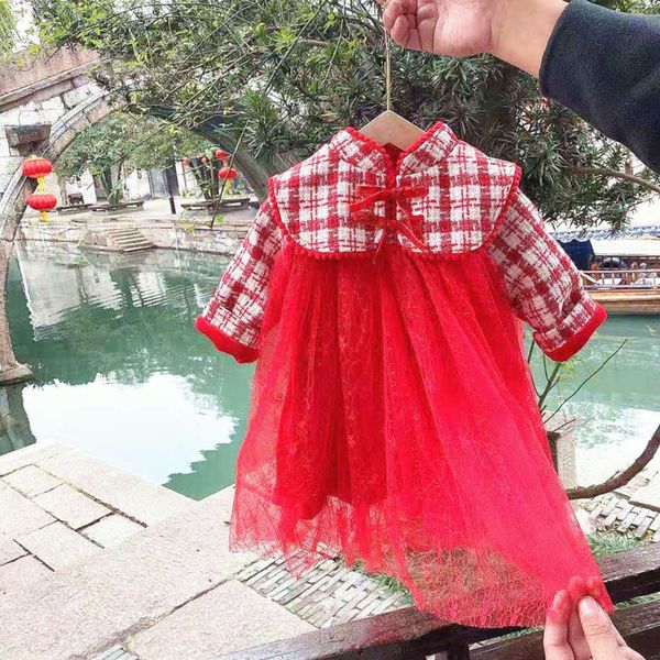 

2020 autumn and winter fashionable girls' skirt girl's plush thickened drs new year's children's wear, Red;yellow