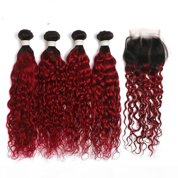 

red water wave bundles with closure 4x4 soku 4pcs human hair weave bundles with closure non-remy brazilian hair bundles, Black;brown