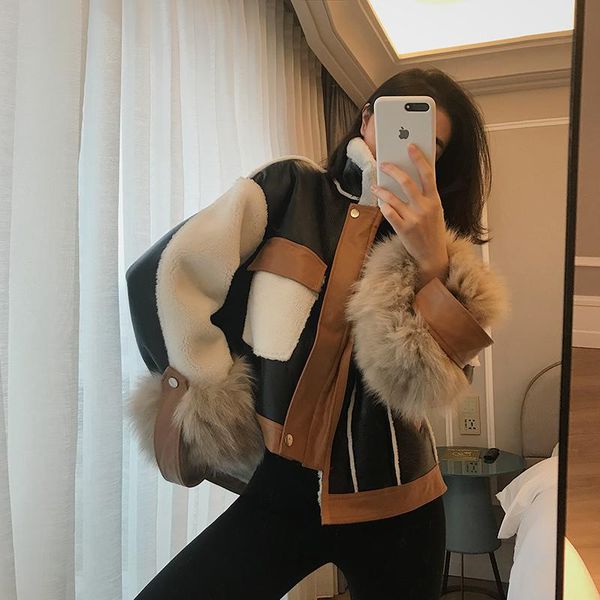 

women's fur & faux 2021 korean version of one-piece splicing jacket female winter loose short furry sleeves small children trend, Black