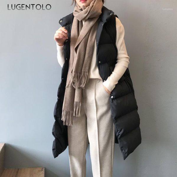 

lugentolo women vest coat loose wearing jacket autumn winter long solid bread clothing fashion new single-breasted pocket vest1, Black;white