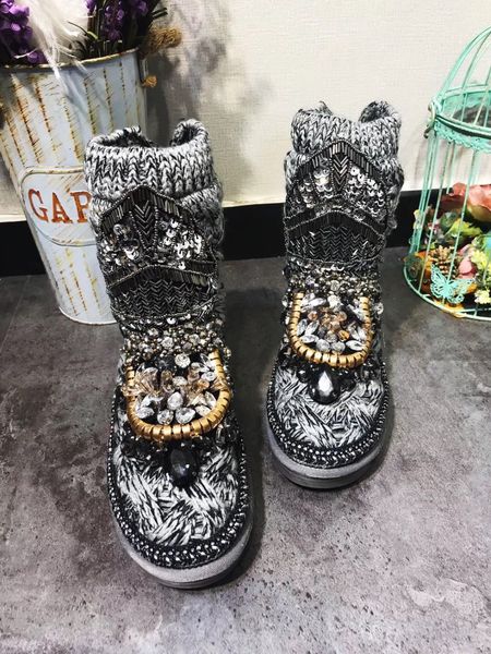 

2020 new winter double 11 creative knitted wool snow boots handcrafted diamond shoes k5vq, Black