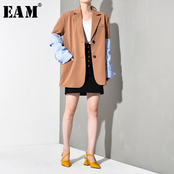 

eam] loose fit sleeve blue striped contrast color jacket new lapel long sleeve women coat fashion spring autumn ji82504 201020, Black;brown