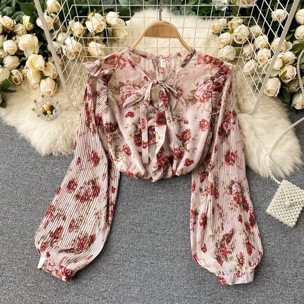 

2021 new singiny sweet floral female fashionable blouse puff neck ruffles autumn bohemian sweaters jgqh, White