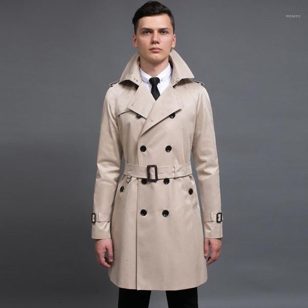 

2020 new business men mid long trench slim fit double breasted motorcycle windbreaker overcoat belt coats big size 6xl1, Tan;black